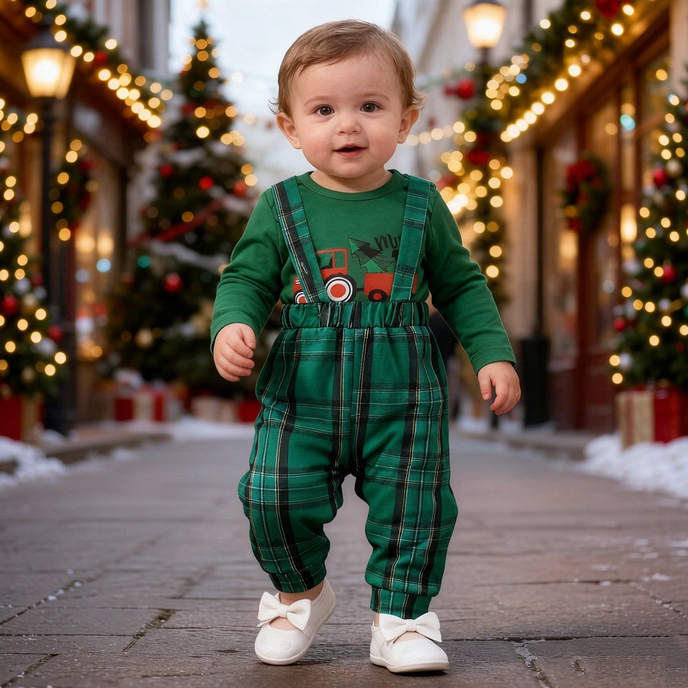3PCS Cute My 1st Christmas Letter Tractor Plaid Print Baby Overalls Set