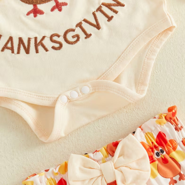 3PCS Cute My First Thanksgiving Letter Turkey Print Long Sleeve Baby Girl Set