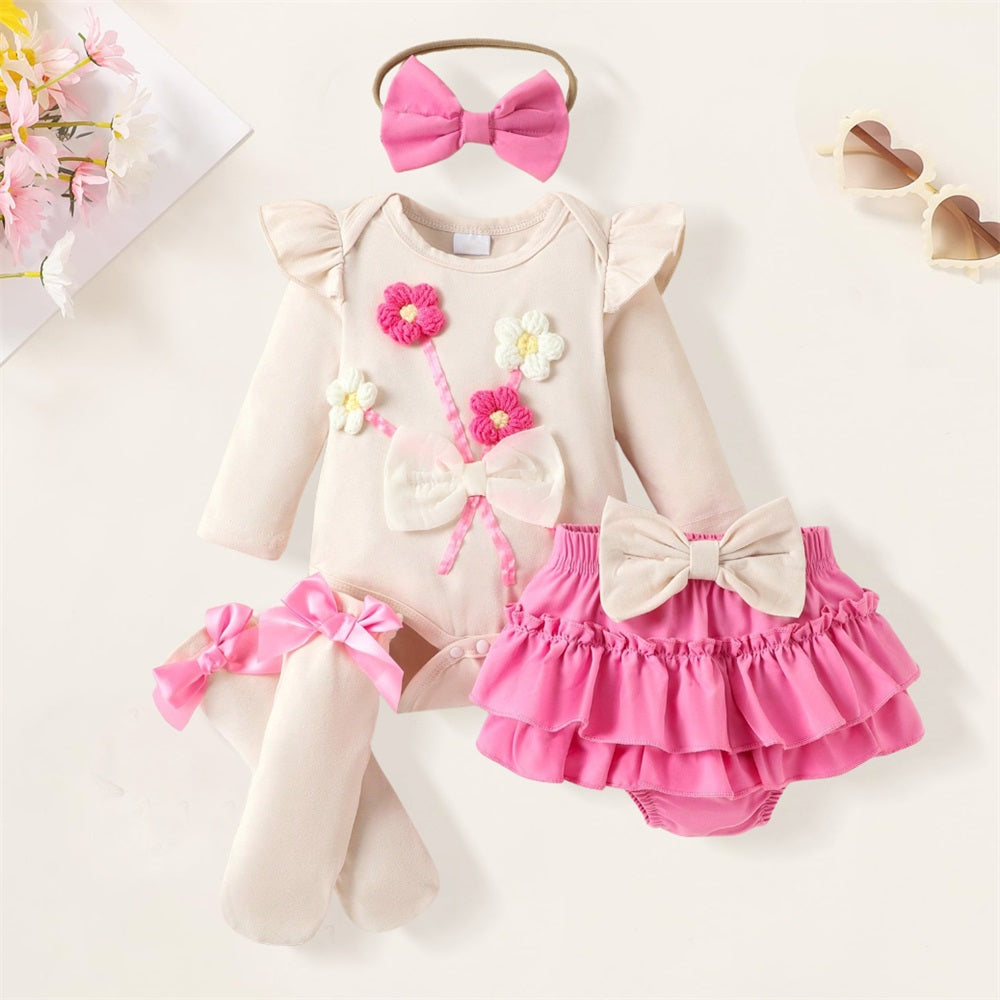 4PCS Cute 3D Floral Embroidery Print Long Sleeve Baby Set