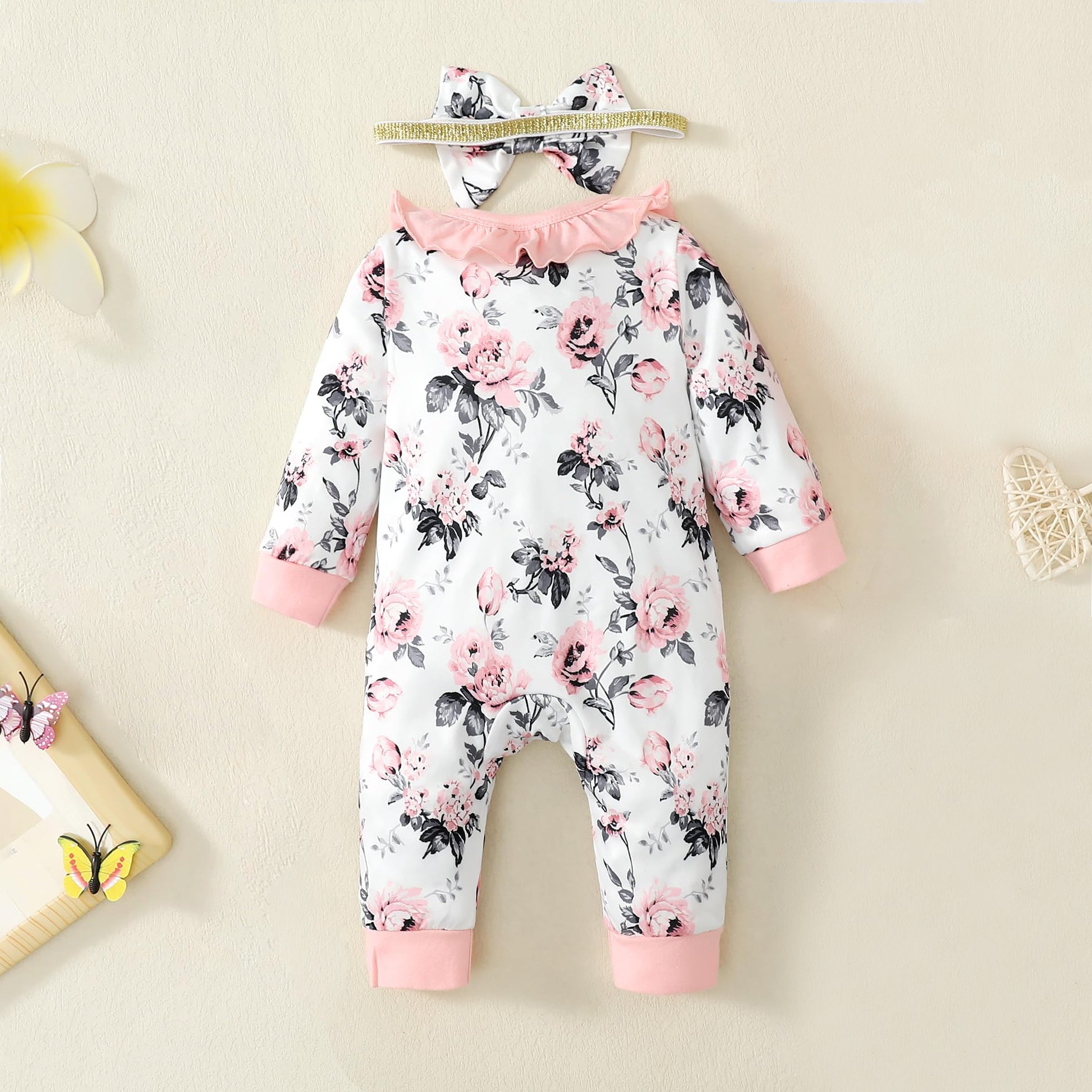 2PCS Sweet Floral Printed Ruffle Long Sleeve Baby Jumpsuit