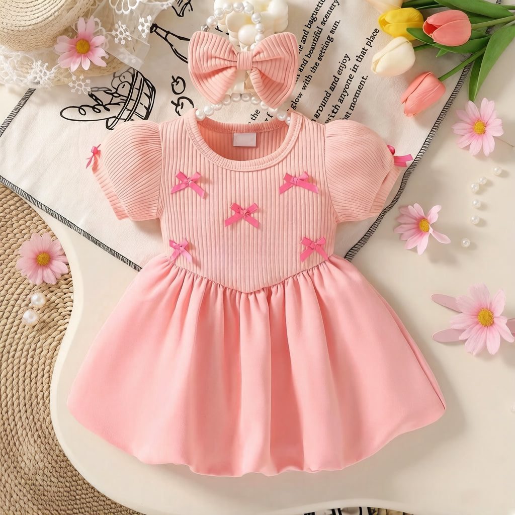 2PCS Adorable Bowknot Appliqué Solid Color Baby Dress