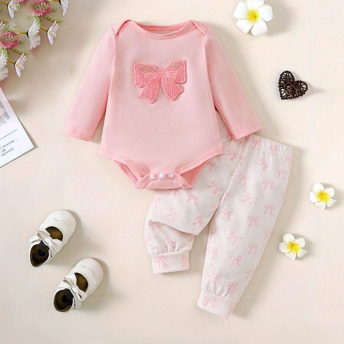 2PCS Pretty Bow Appliqué Long Sleeve Baby Girl Set