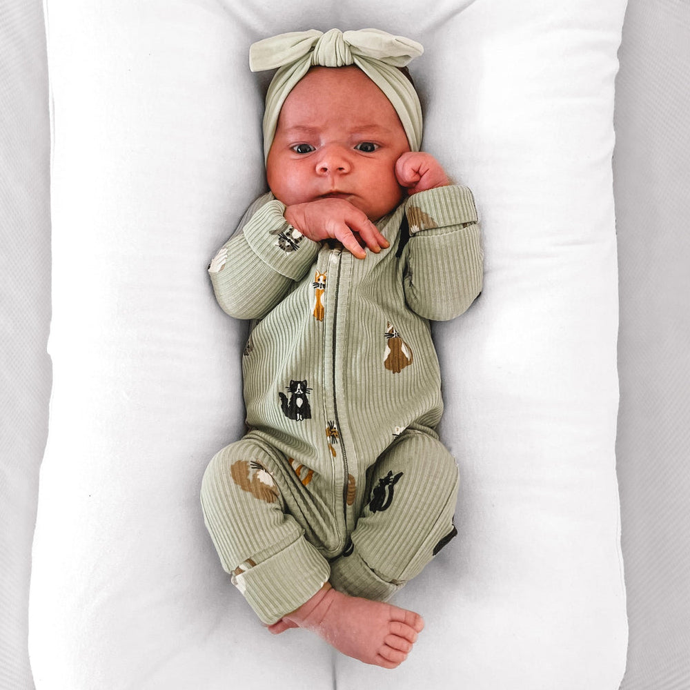 Casual Cat Print Ribbed Zip Baby Jumpsuit