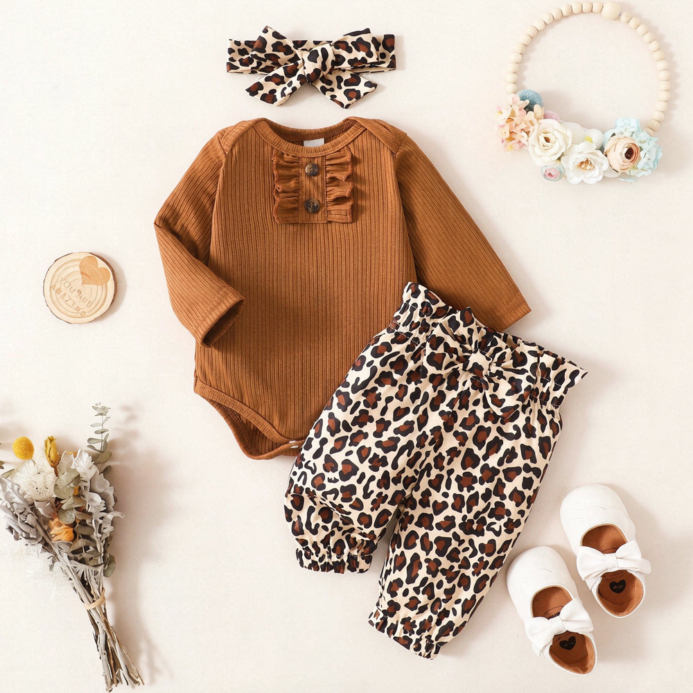 3PCS Casual Leopard Print Bow Long Sleeve Baby Girl Set