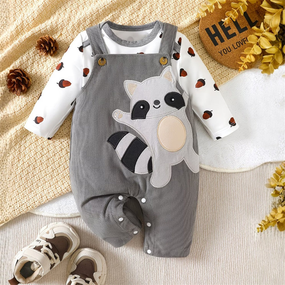 2PCS Cartoon Raccoon Acorn Pattern Printed Baby Overalls Set
