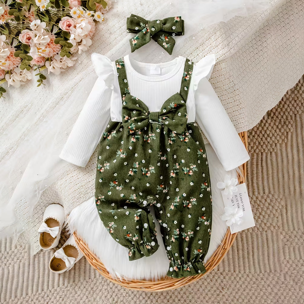 2PCS Cheerful Floral Printed Long Sleeve Baby Girl Jumpsuit