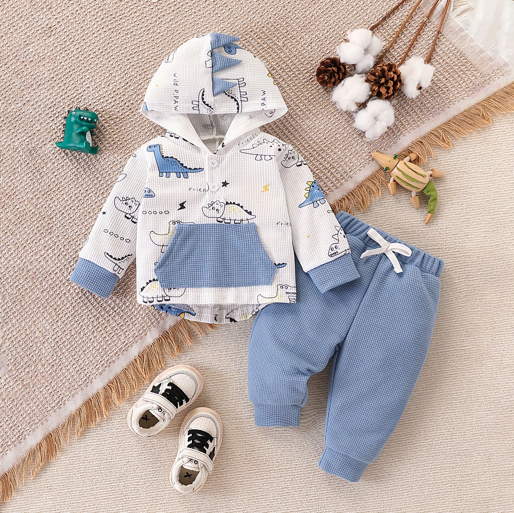 2PCS Comfy Cute Dinosaur Print Long Sleeve Hooded Baby Set
