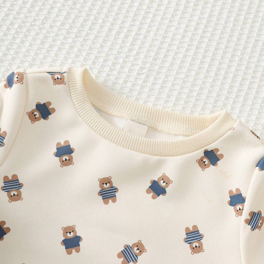 2PCS Adorable Bear Print Long Sleeve Corduroy Baby Overalls Set