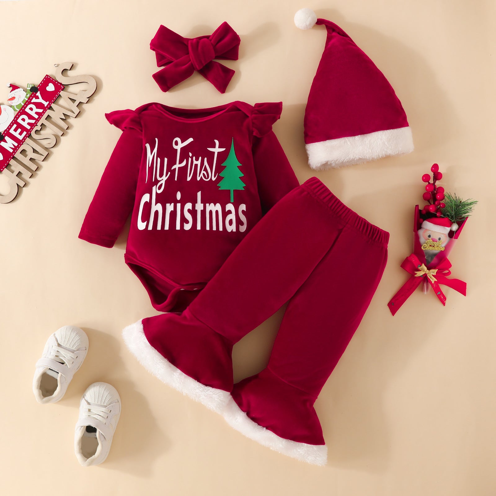 4PCS Cozy My First Christmas Letter Christmas Tree Printed Baby Set