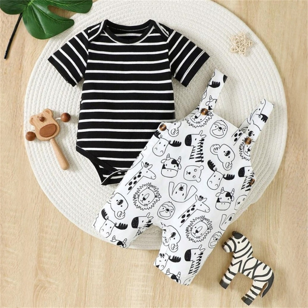 2PCS Casual Animal Printed Striped Short Sleeve Baby Overalls Set