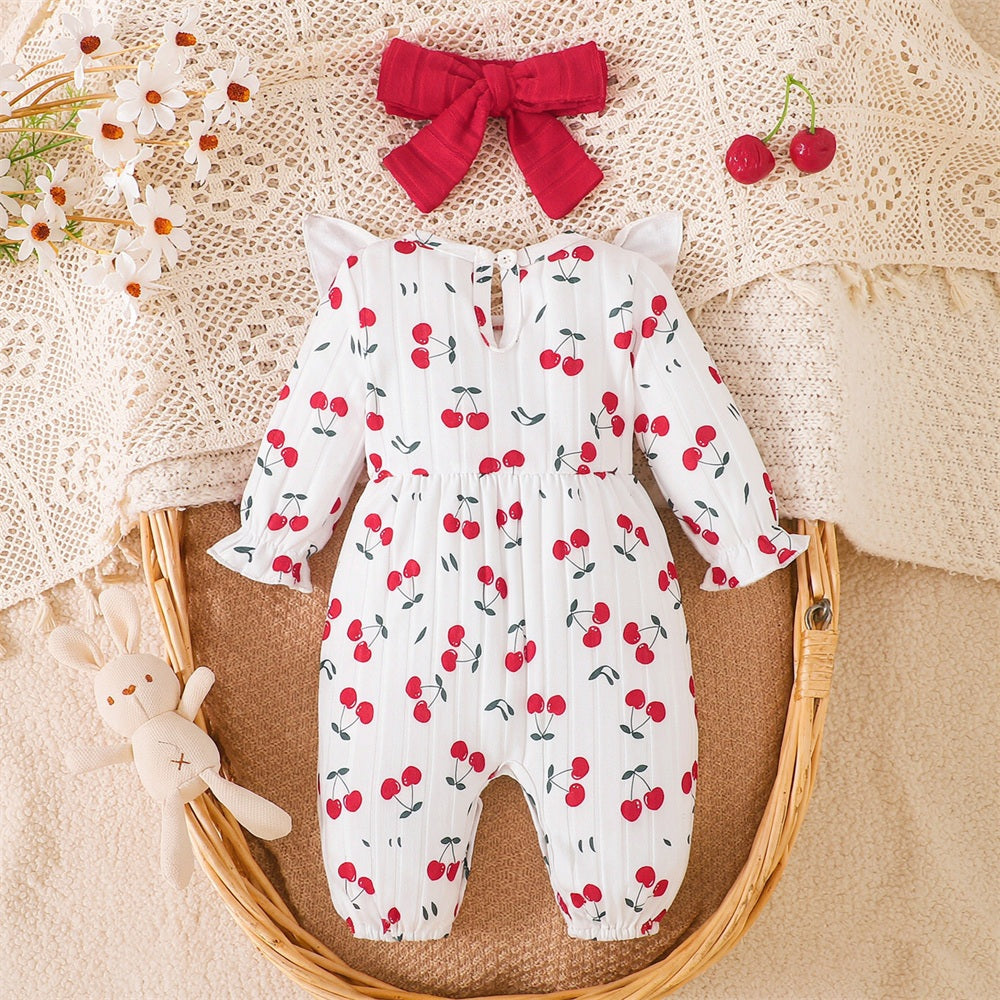 2PCS Timeless Cherry Print Long Sleeve Baby Jumpsuit