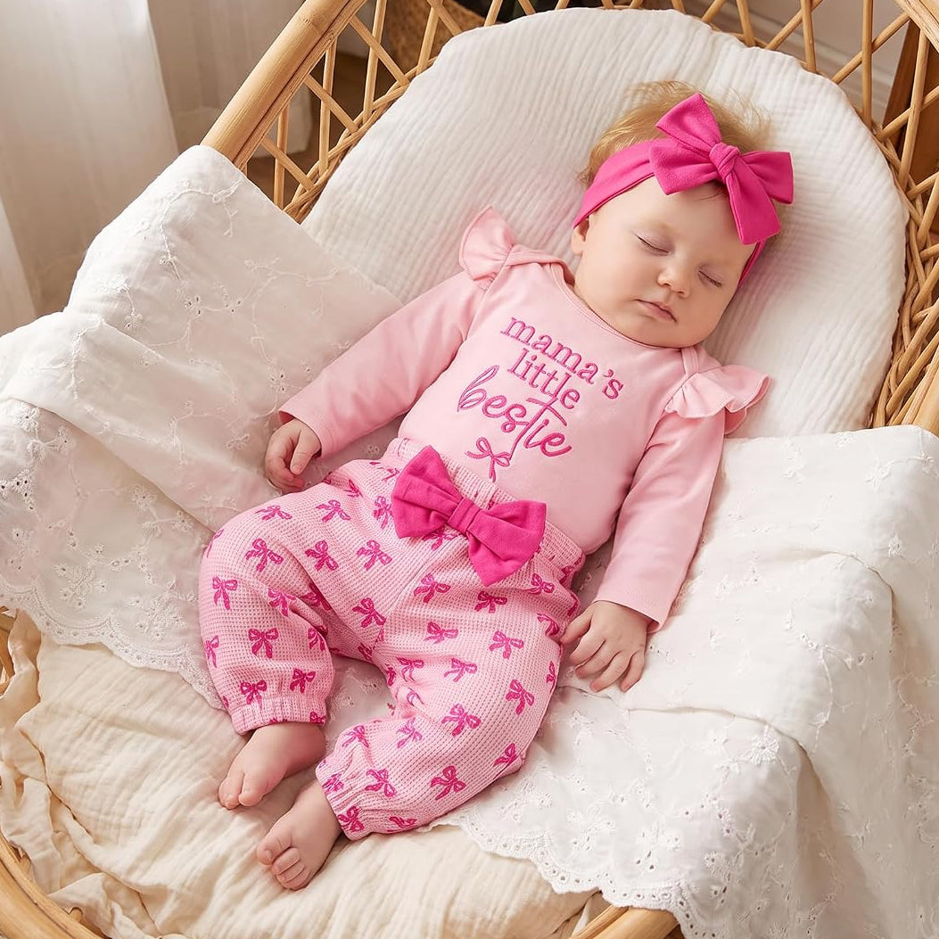 3PCS Mama's Little Bestie Letter Bow Print Long Sleeve Baby Set