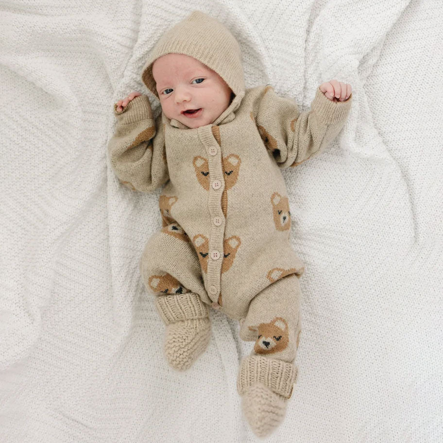 2PCS Lovely Bear Printed Knit Long Sleeve Baby Jumpsuit