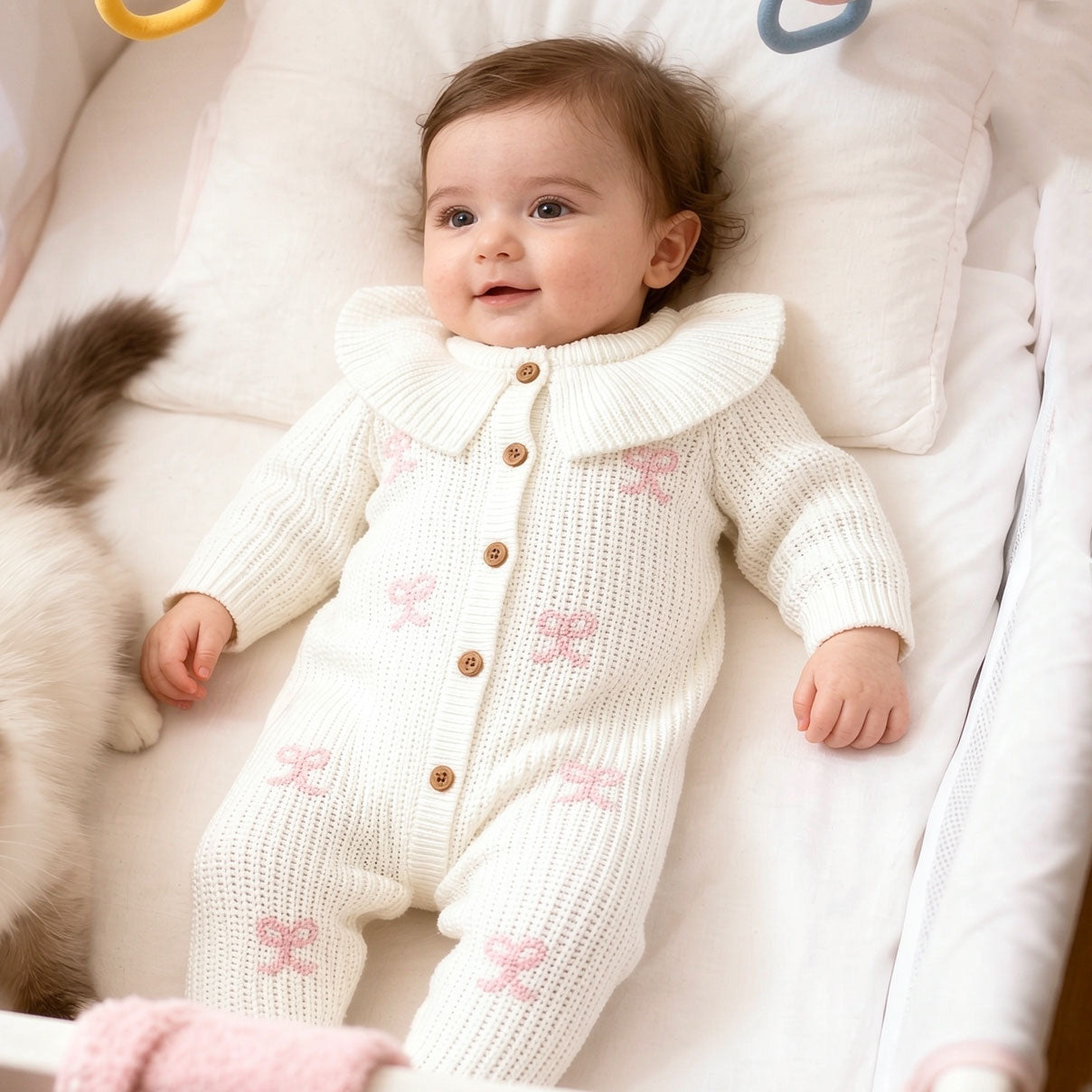 Lovely Solid Color Bow Print Knit Long Sleeve Baby Jumpsuit