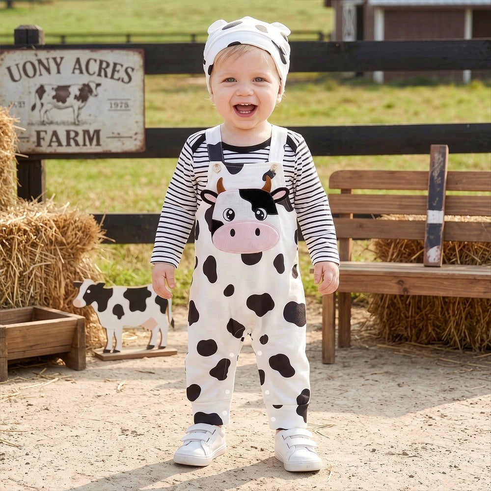 3PCS Cute Cow Applique Stripe Print Long Sleeve Overalls Baby Set