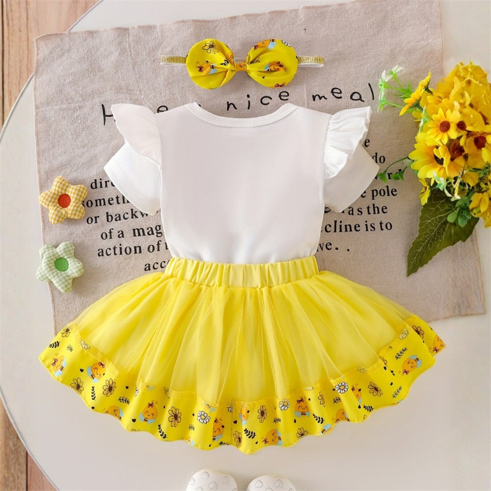 3PCS Cute Bee Printed Short Sleeve Tulle Skirt Baby Set