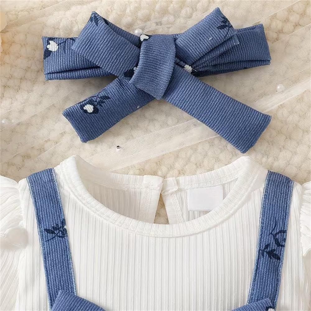 2PCS Stylish Floral Print Bow Long Sleeve Baby Jumpsuit