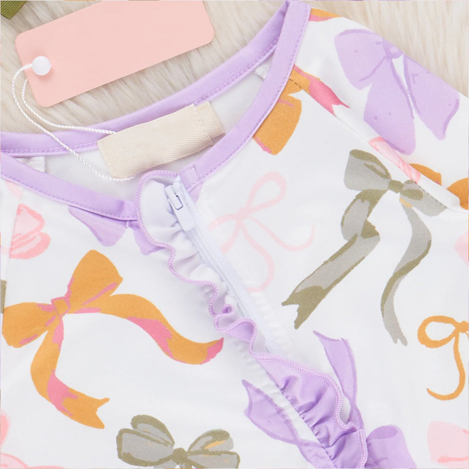 Bow Printed Long Sleeve Ruffle Zipper Baby Jumpsuit