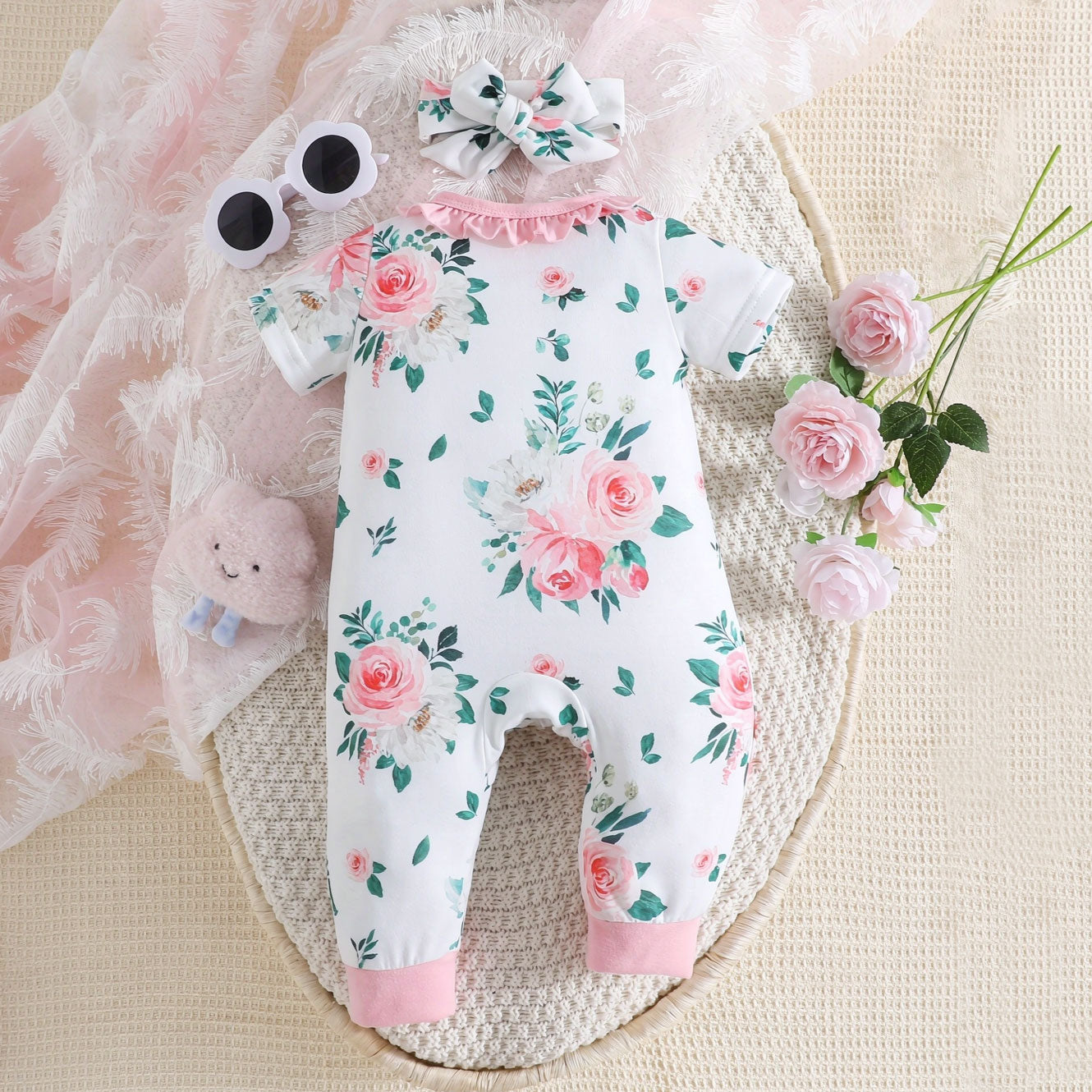 2PCS Bubbly Floral Print Short Sleeve Baby Girl Jumpsuit