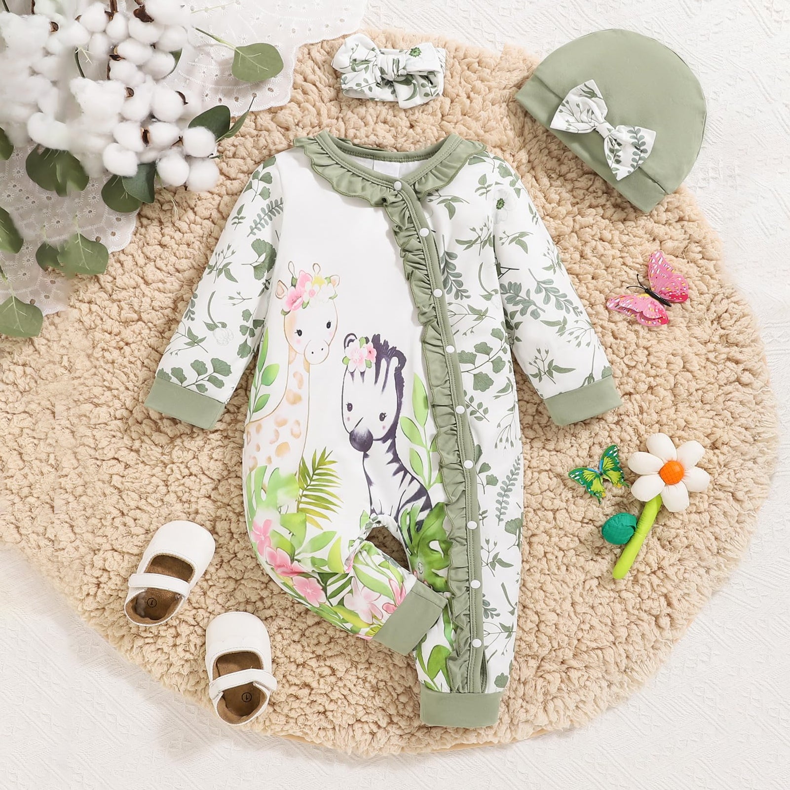 3PCS Cute Animal Floral Printed Long Sleeve Baby Jumpsuit