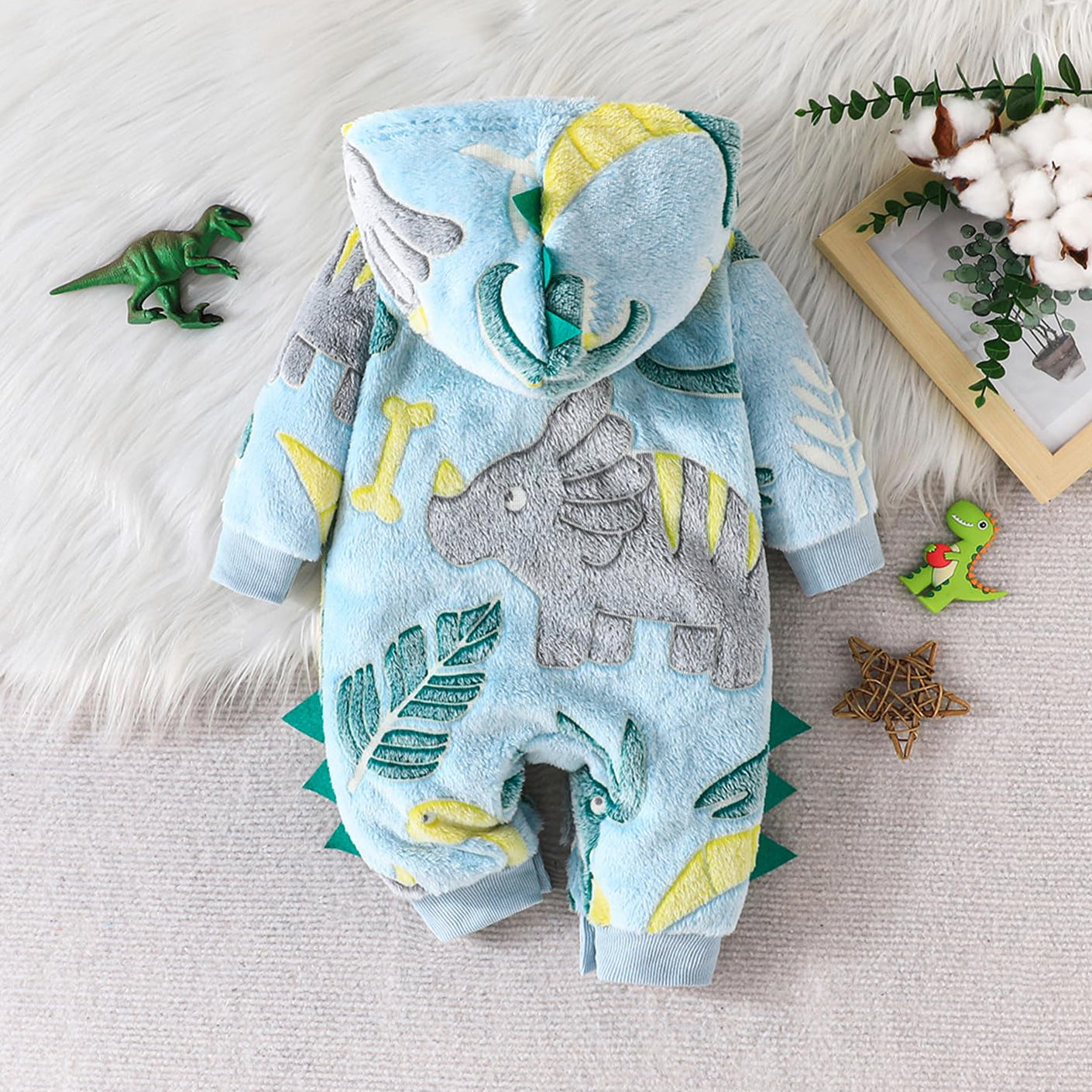 Cozy Dinosaur Pattern Plush Hooded Baby Jumpsuit