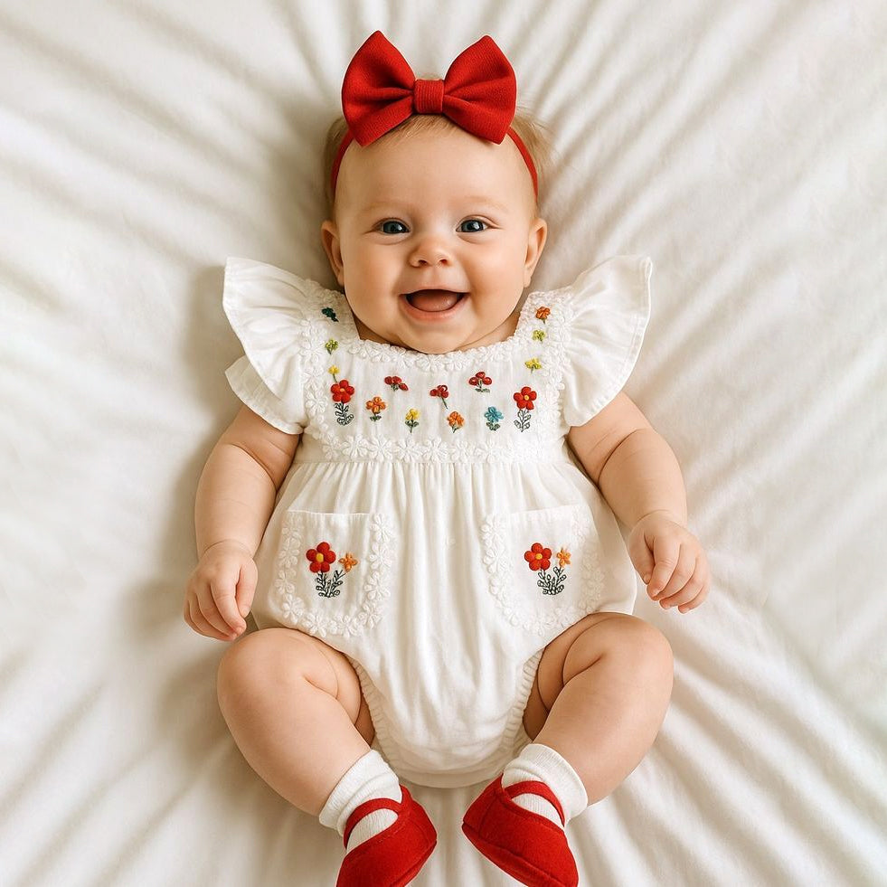 Delicate Floral Embroidered Flounce Sleeve Baby Romper