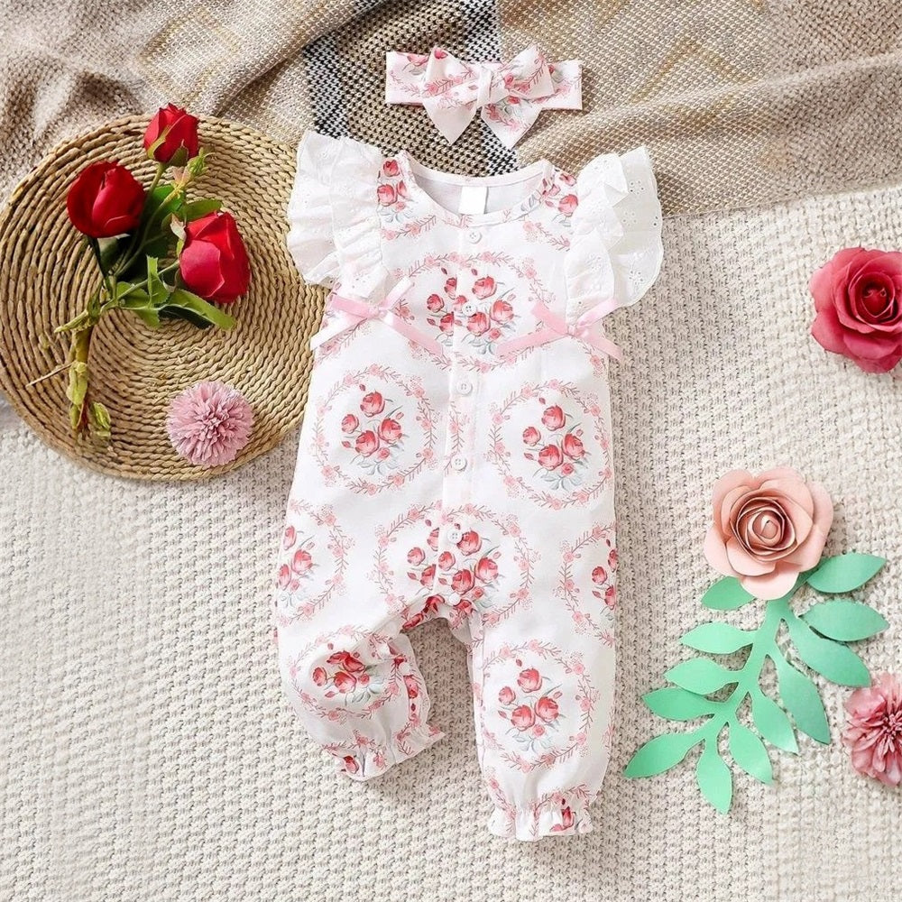2PCS Lovely Floral Printed Lace Trim Sleeveless Baby Jumpsuit