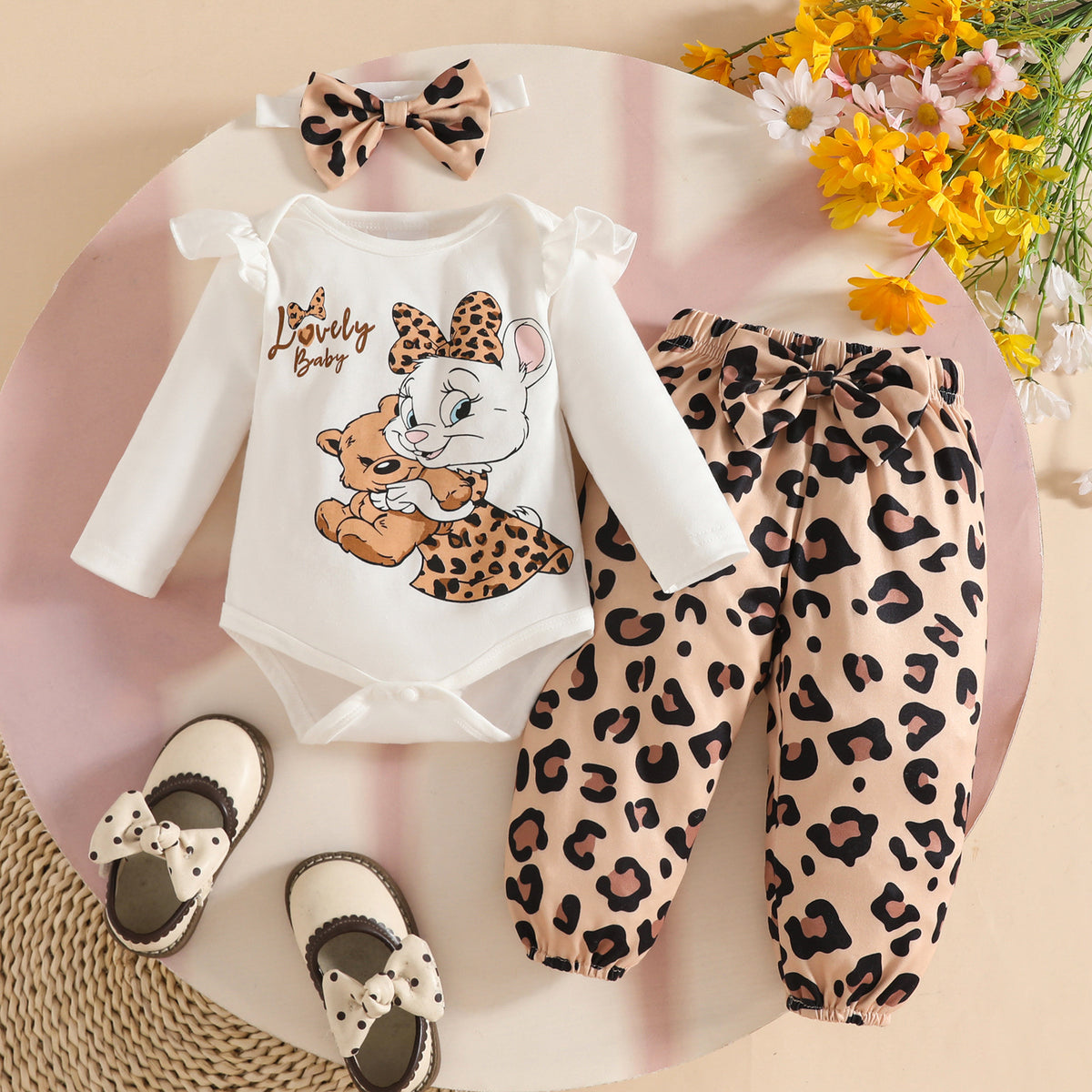 3PCS Lovely Baby Letter Cat Leopard Printed Long Sleeve Baby Set
