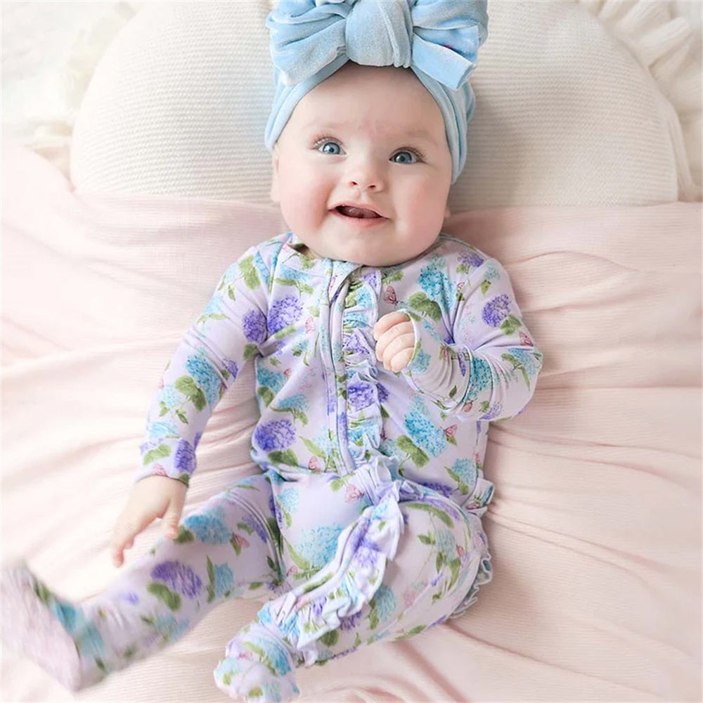Stylish Floral Printed Long Sleeve Frill Trim Zipper Baby Jumpsuit