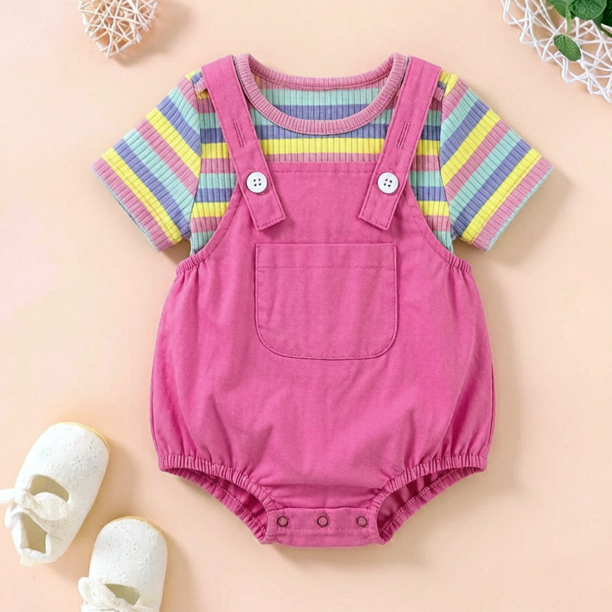 2PCS Cute Stripe Print Short Sleeve Overalls Baby Set