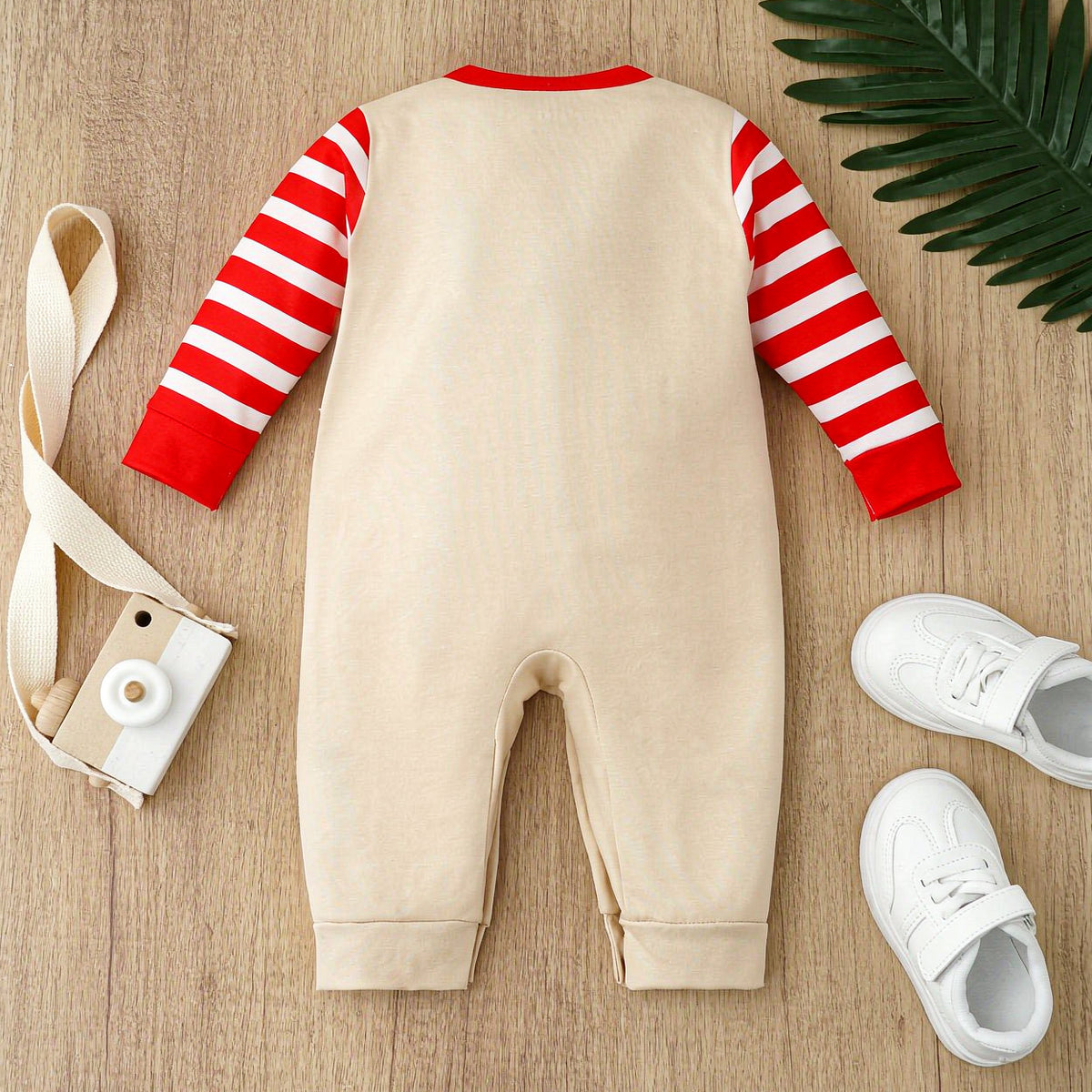 My 1st Christmas Letter Reindeer Stripe Print Faux Layering Baby Jumpsuit