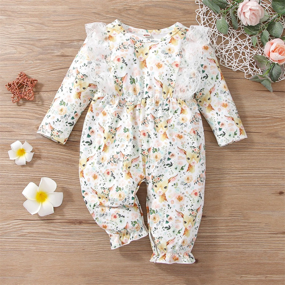Deer and Floral Print Lace Trim Long Sleeve Baby Jumpsuit