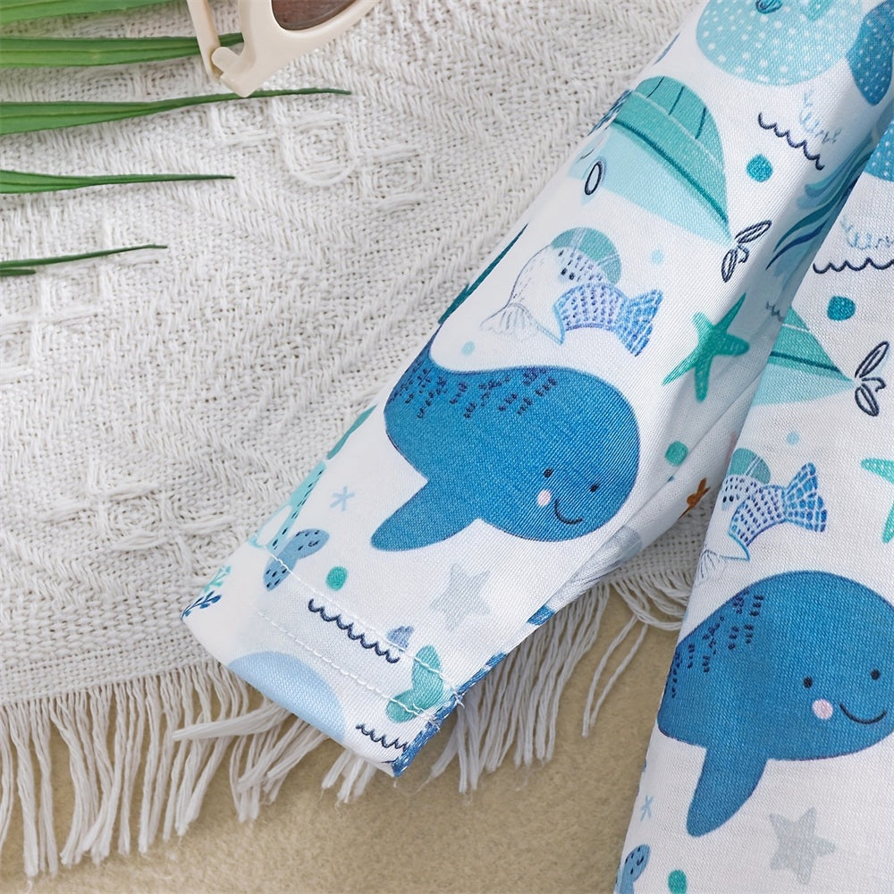 2PCS Cute Sea Animals Printed Long Sleeve Baby Jumpsuit