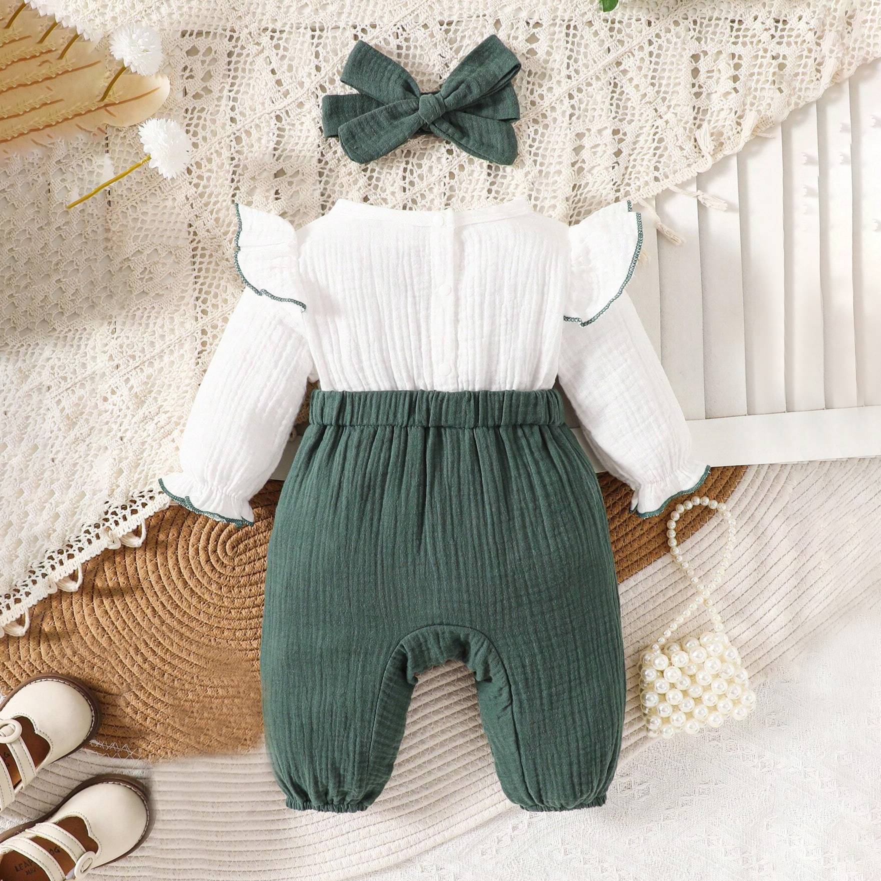 2PCS Soft Colorblock Ruffle Decoration Long Sleeve Baby Jumpsuit