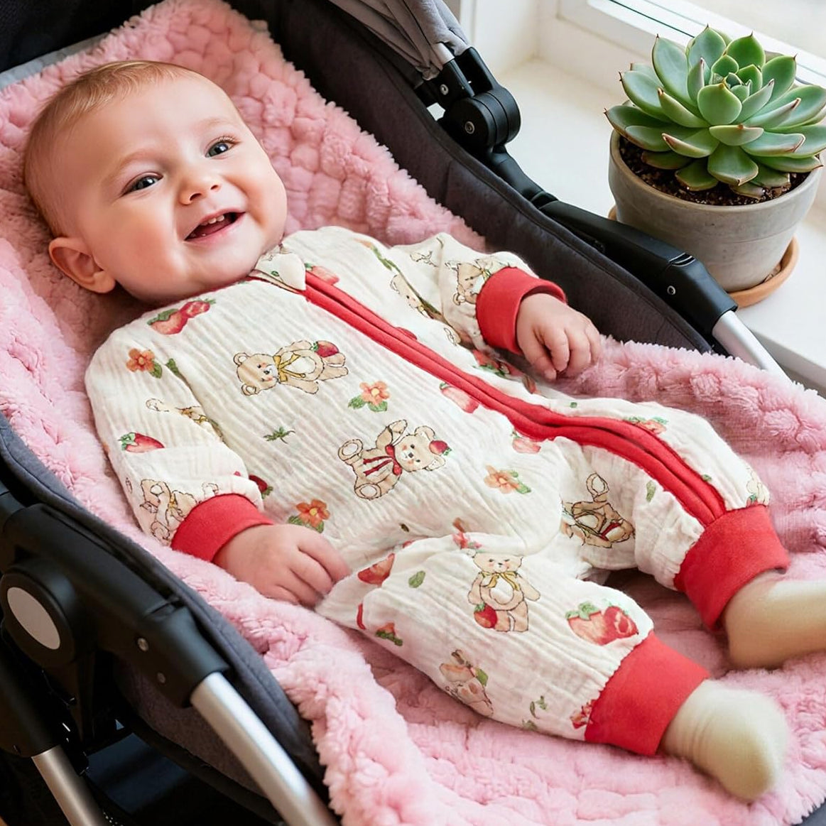 Bear Strawberry Printed Zipper Long Sleeve Baby Jumpsuit