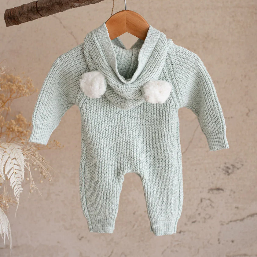 Cozy Solid Color 3D Ear Knit Hooded Long Sleeve Baby Jumpsuit