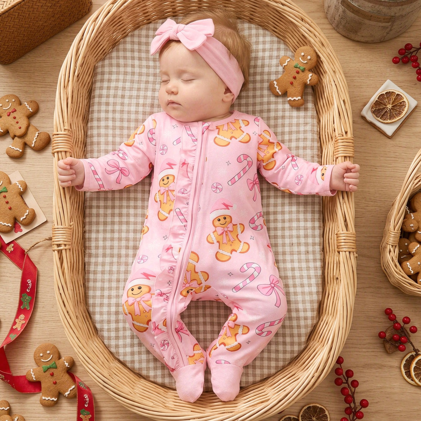 2PCS Christmas Gingerbread Print Long Sleeve Ruffle Zipper Baby Jumpsuit
