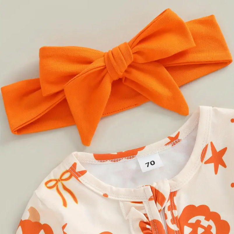 2PCS Pumpkin Print Ruffle Zipper Long Sleeve Baby Jumpsuit