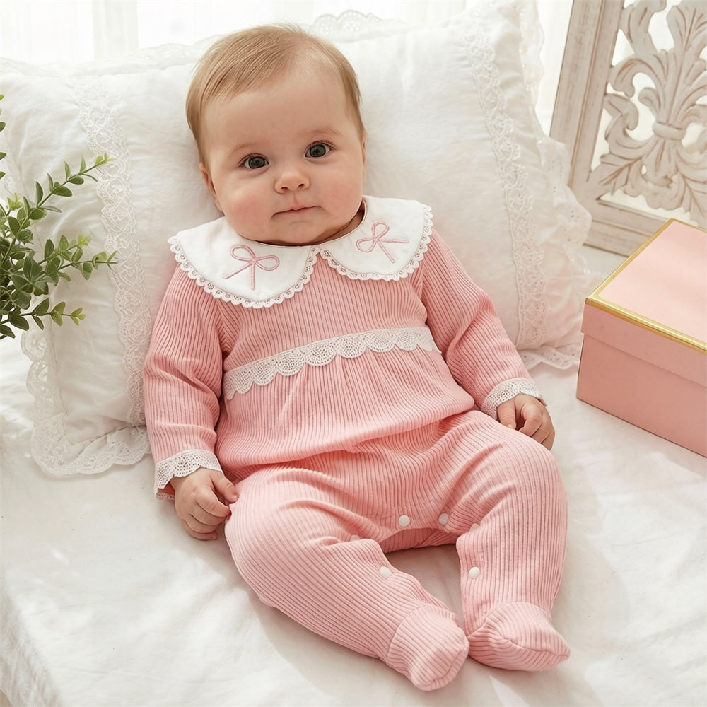 Pretty Solid Color Bow Embroidery Long Sleeve Baby Jumpsuit
