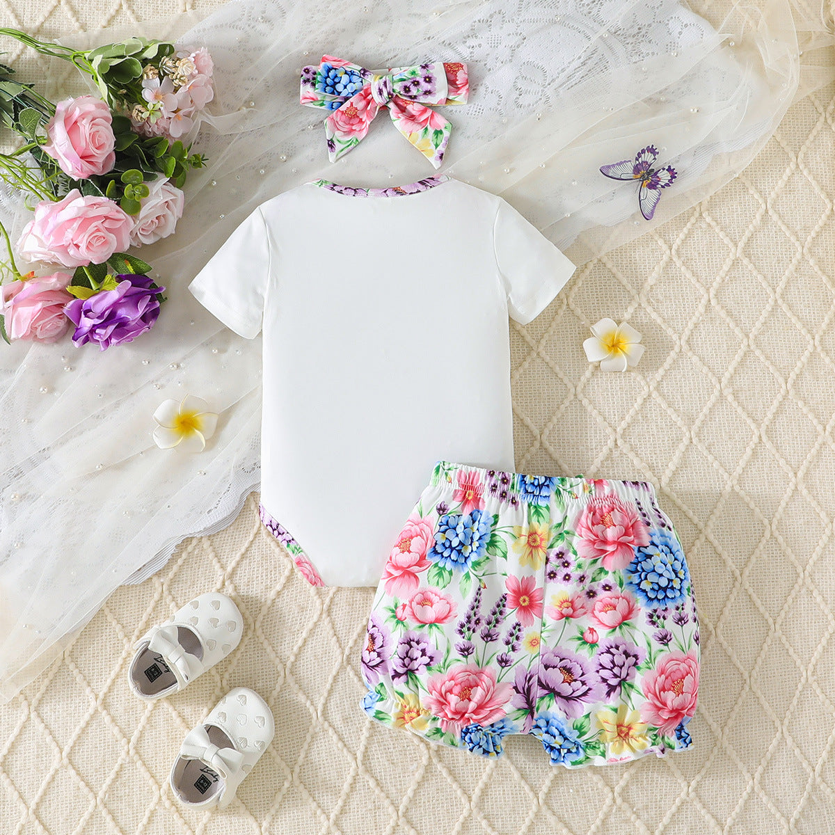 3PCS Adorable Giraffe Floral Print Short Sleeve Baby Set