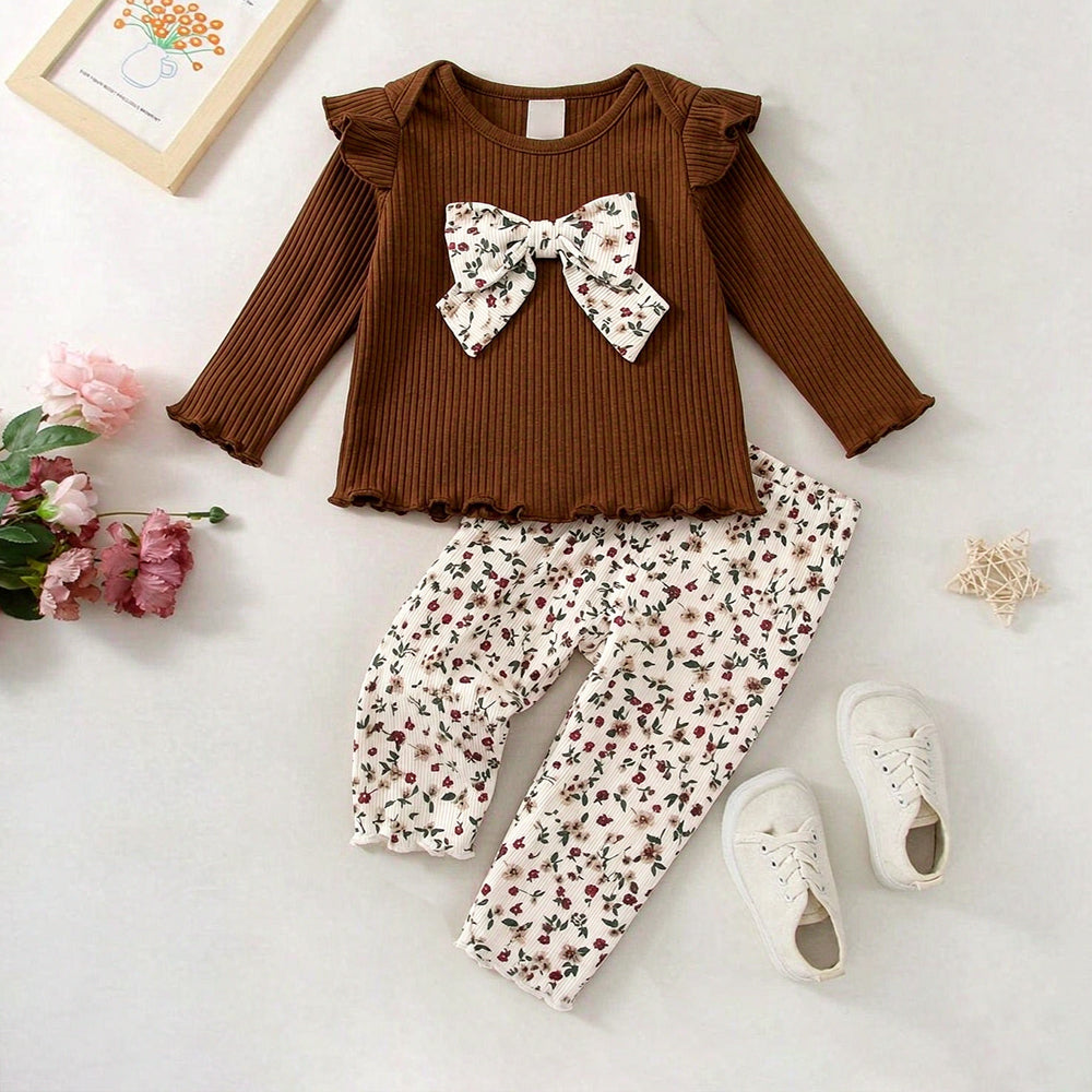 2PCS Grace Floral Print Bow Long Sleeve Baby Girl Set