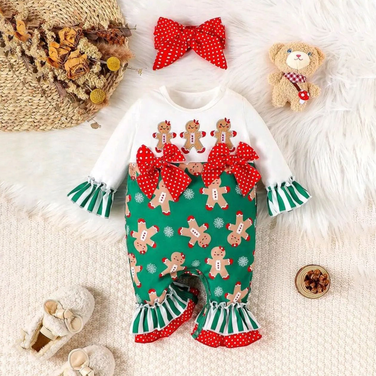 2PCS Lovely Gingerbread Man Printed  Long sleeve Baby Jumpsuit
