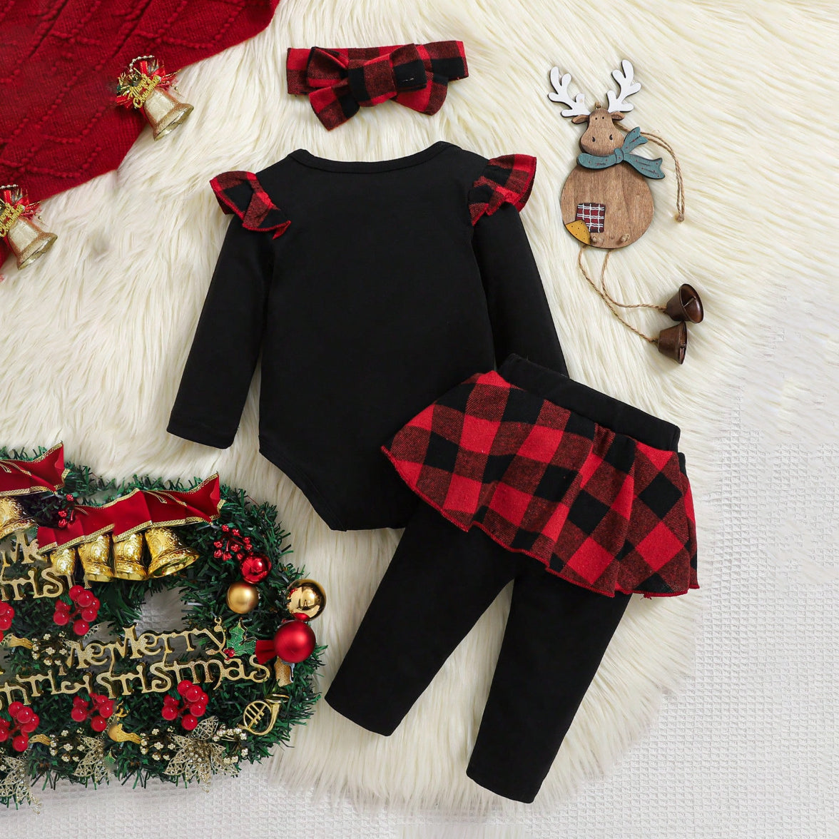 3PCS My 1st Christmas Letter Plaid Elk Print Baby Set