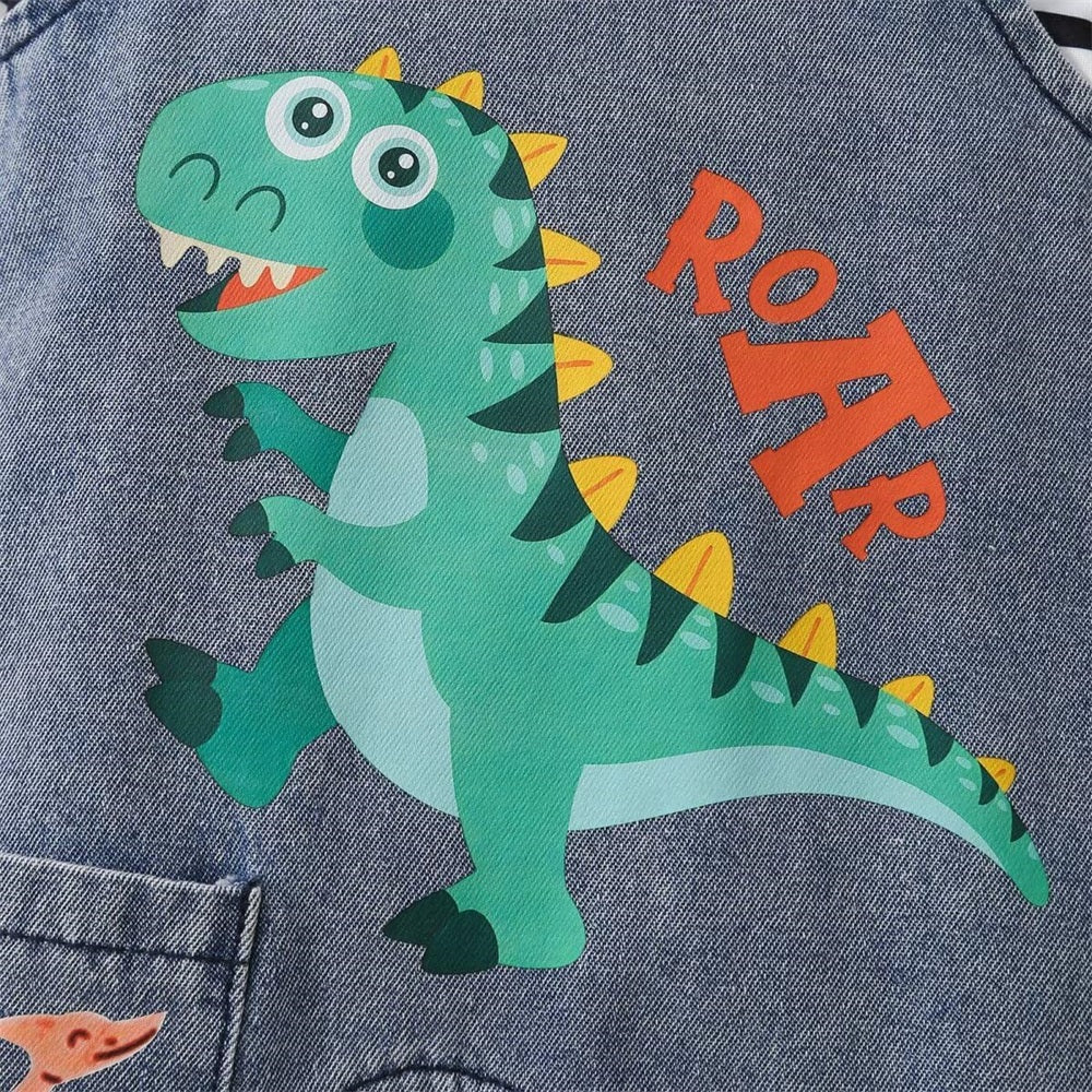 2PCS Casual Dinosaur Print Striped Long Sleeve Denim Overalls Baby Set