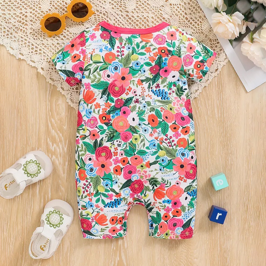 Lovely Floral Printed Short Sleeve Baby Jumpsuit