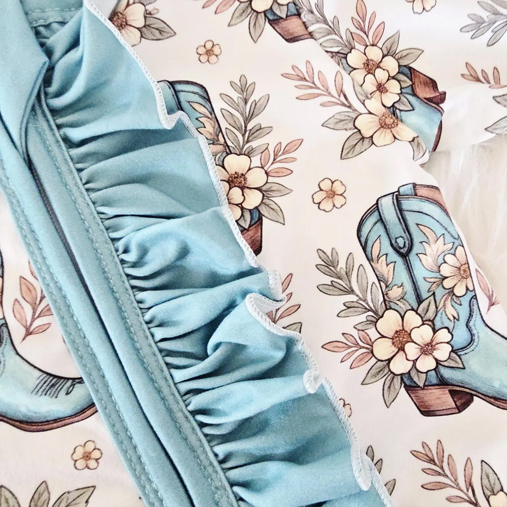 Western Floral Cowgirl Boots Print Zipper Long Sleeve Baby Jumpsuit