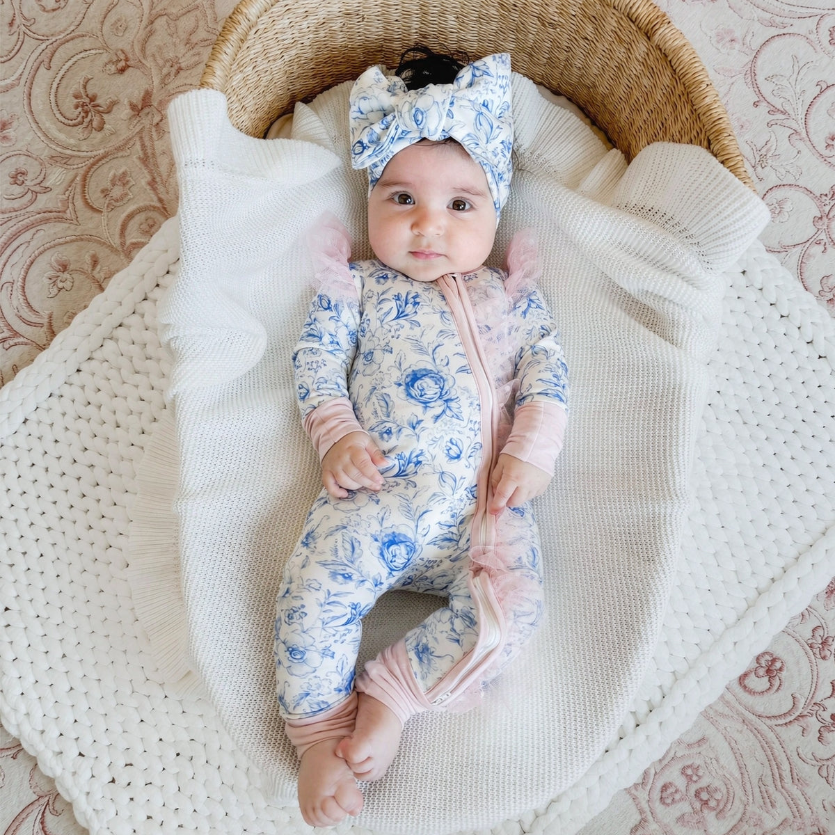 2PCS Baby Girl Floral Print Ruffle Long Sleeve Zipper Jumpsuit