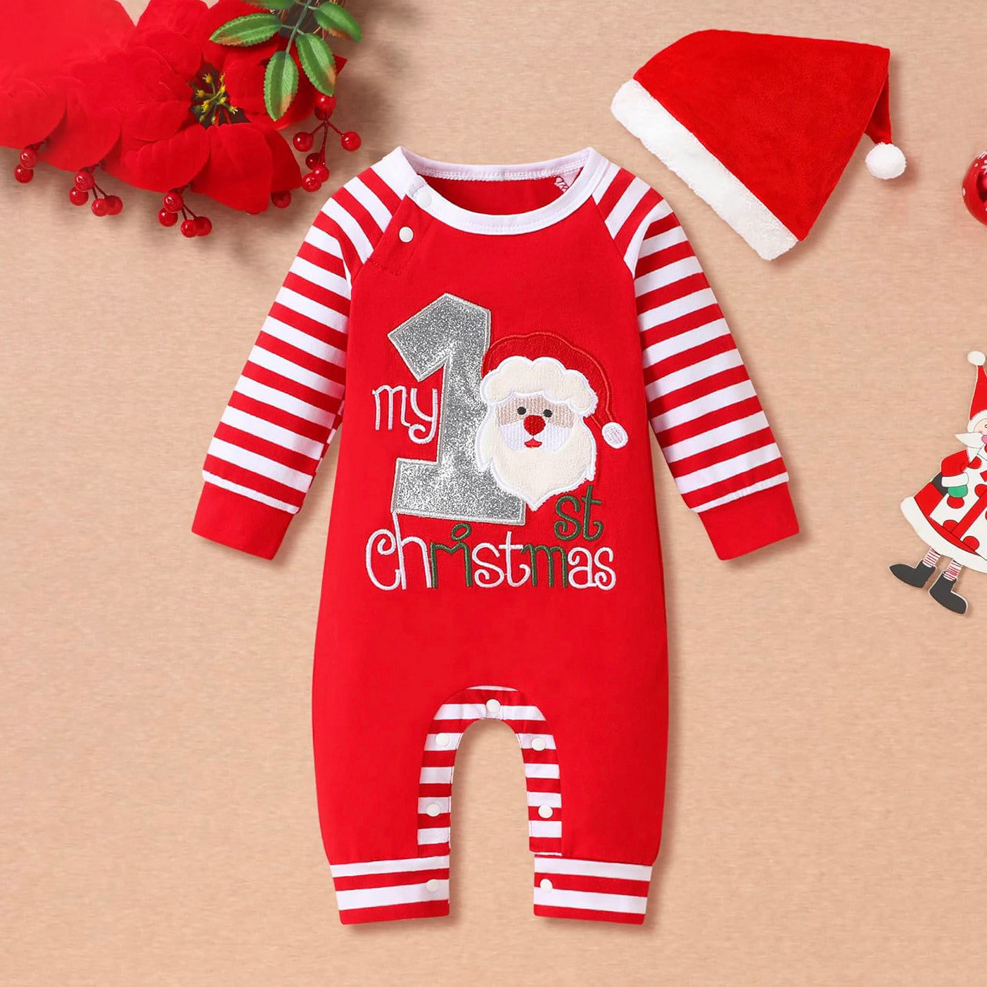 2PCS My 1st Christmas Letter Stripe Printed Long Sleeve Baby Jumpsuit