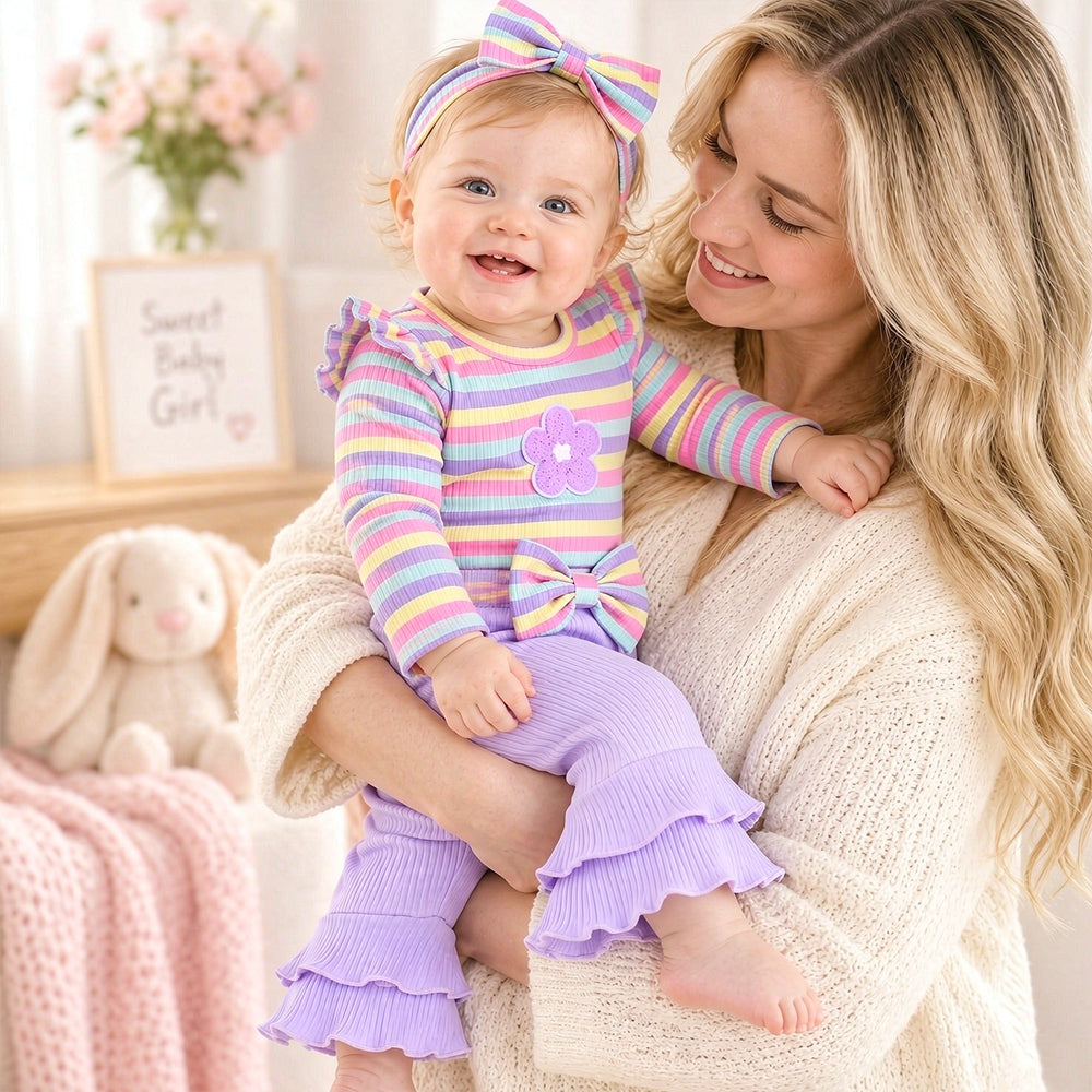 4PCS Radiant Floral Applique Stripe Printed Long Sleeve Baby Set