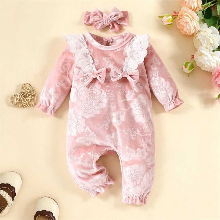 2PCS Dreamy Floral Printed Long Sleeve Velvet Baby Jumpsuit
